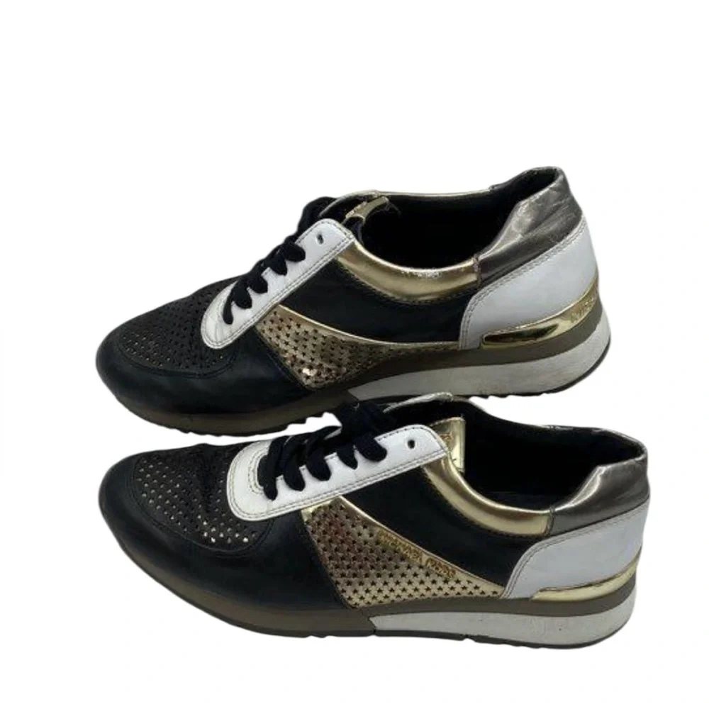 Michael Kors Women's Allie Metallic-Trim Black/Gold Leather Sneakers Sz 8